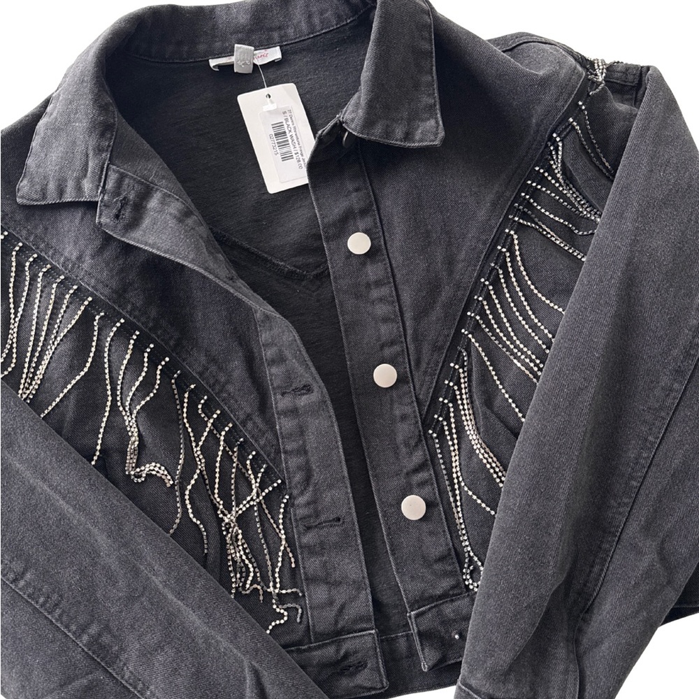 Black Denim Jacket with sparkle Fringe